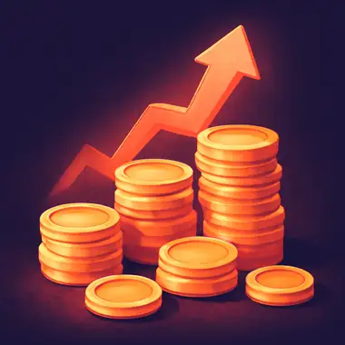 Stapel munten met een opwaartse pijl, cashback bij Peaches Casino.